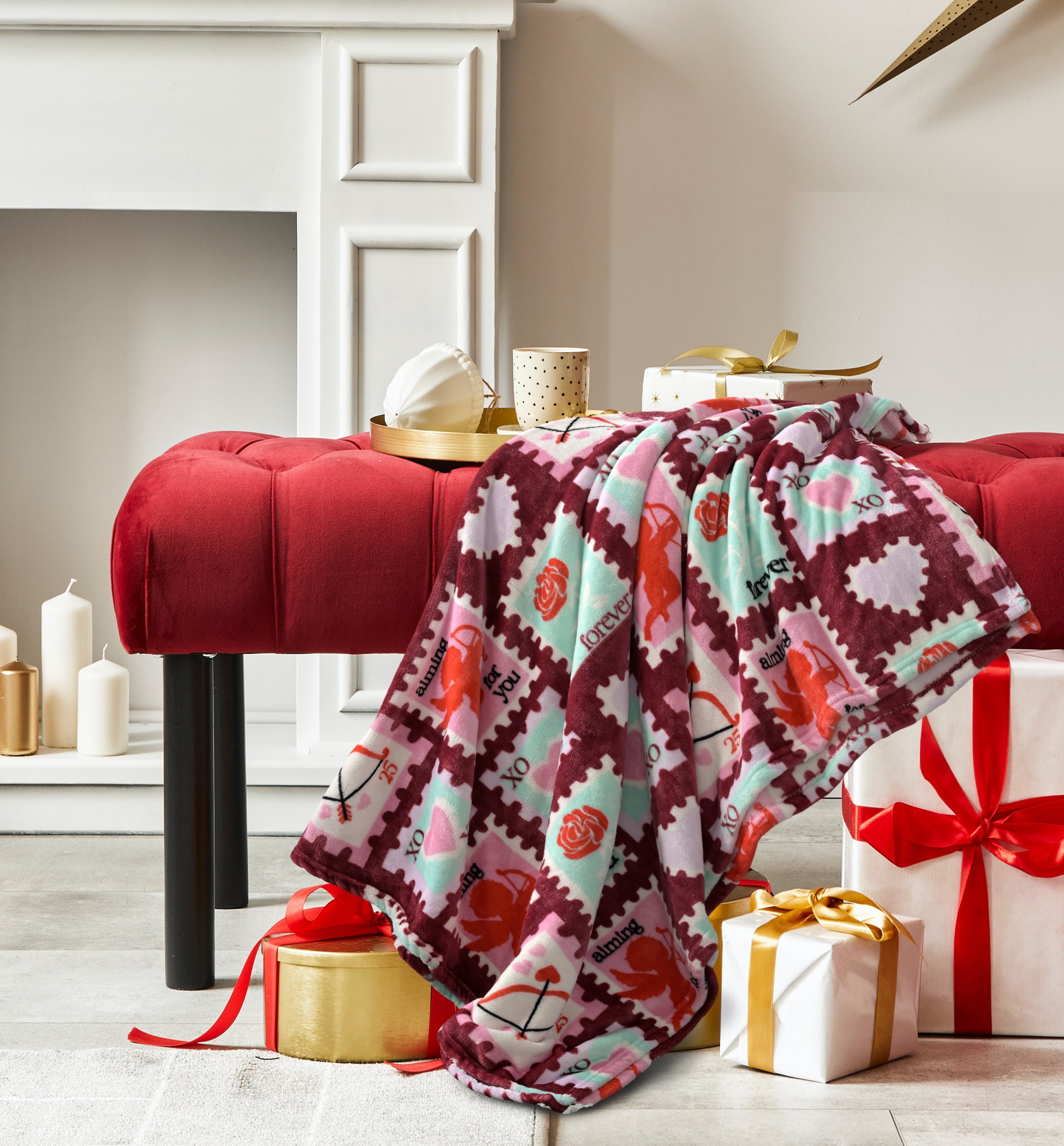 Way To Celebrate Valentine's Day Throw Blanket, Love Stamps, 50 x 60 in