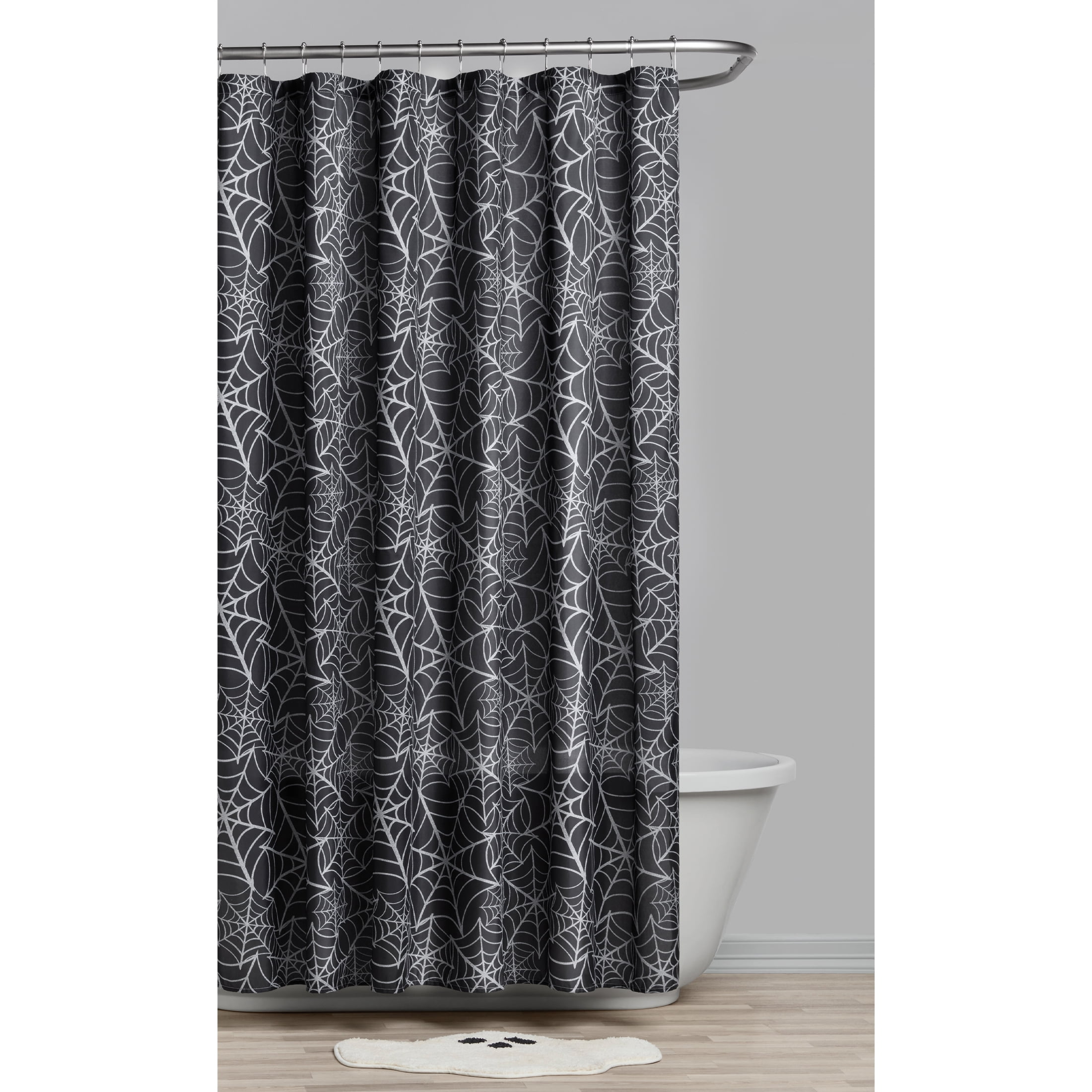 Way to Celebrate! Black Metallic Spiderweb Halloween Shower Curtain, 72" x 72