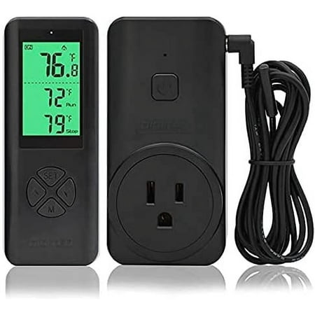 WTC200 Wireless Thermostat Plug-in Temperature Controller Outlet, Remote Temp Controller, Thermometer Heating Cooling Mode for Fan Heater Greenhouse Home Brew Reptile - Black, 12A, 1300W