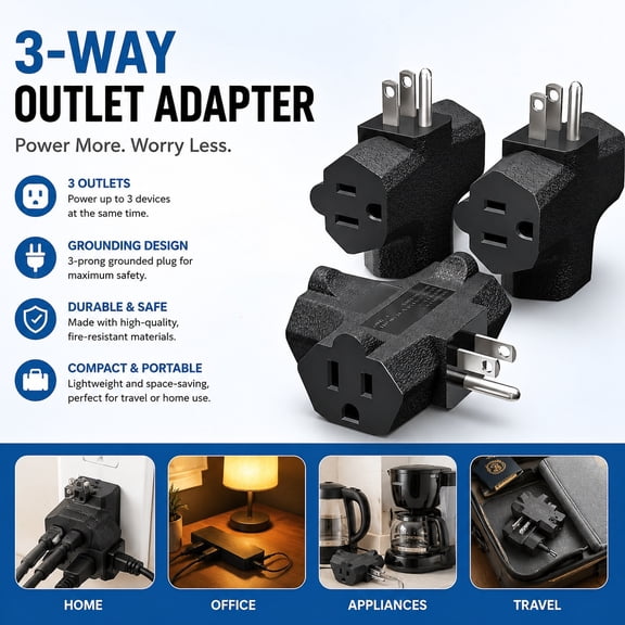WTEYHK Plug connectors,3-Outlet Grounding Adapter,Plug Extender, Heavy-Duty Grounded Power Tap - 3 Pack (Black)