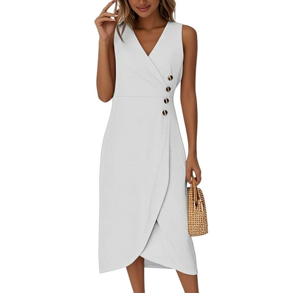 WTOBBY Beach Dresses for Women Spring Summer Elegant Wrap V Neck Floral Boho Dress, Flowy Ruched Hawaiian Maxi Dress for Vacation and Resort,White S