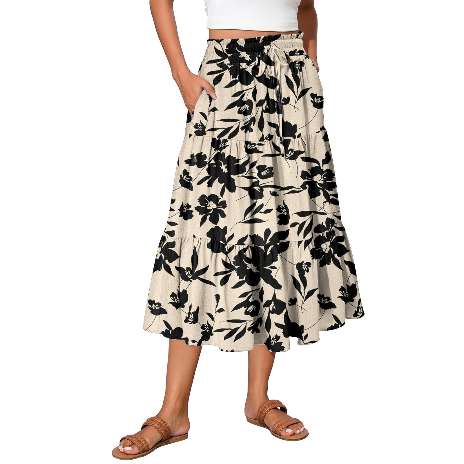 Générique Women Bohemian Floral Print Maxi Skirt High Waist Pocket Party Beach Long Skirt Summer Dress, Orange, S