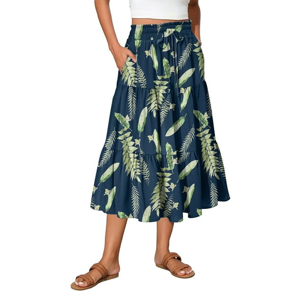 WTOBBY Bohemian Floral Print Maxi Skirt Women's High Waisted Drawstring Long Skirt Lightweight Summer Beach Skirt Tiered Flowy Pleated Skirt with Elastic Waist for Vacation,Dark Green XL