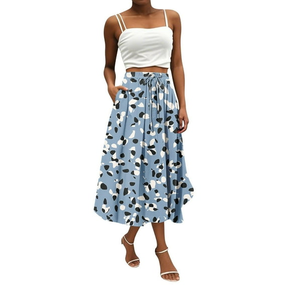 WTOBBY Boho Floral Pocket Skirt Women's Solid Color High Waist Long Skirt Casual Summer Beach Skirt with Elastic Waist Drawstring Tiered Flowy Skirt for Vacation,Blue S