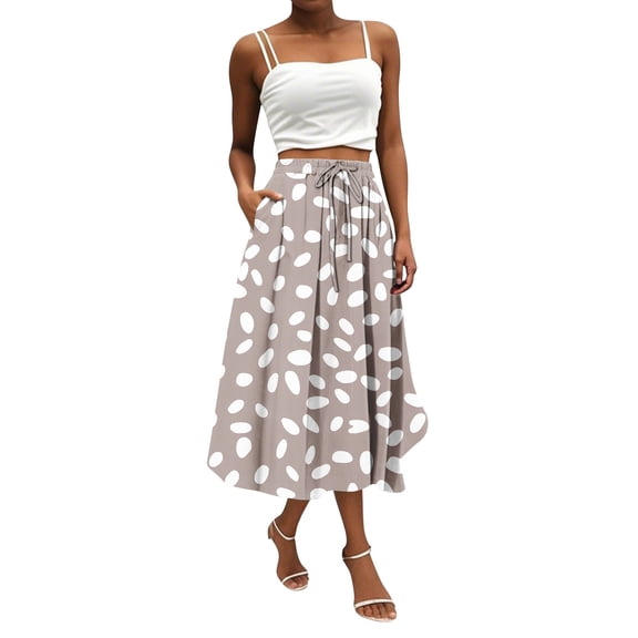 WTOBBY Boho Floral Pocket Skirt Women's Solid Color High Waist Long Skirt Casual Summer Beach Skirt with Elastic Waist Drawstring Tiered Flowy Skirt for Vacation,Khaki S
