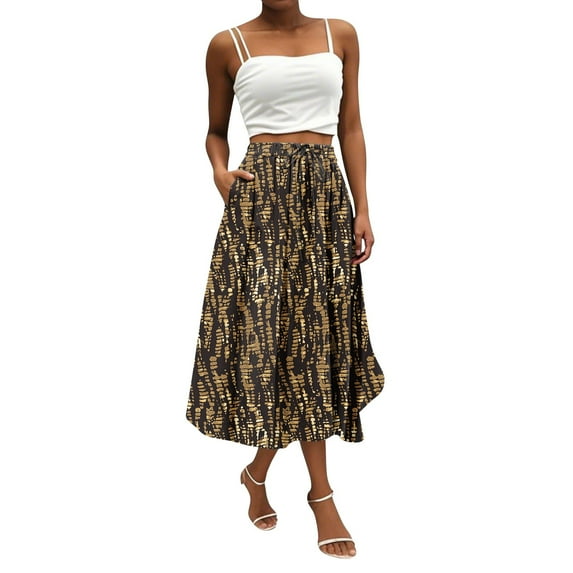 WTOBBY Boho Floral Pocket Skirt Women's Solid Color High Waist Long Skirt Casual Summer Beach Skirt with Elastic Waist Drawstring Tiered Flowy Skirt for Vacation,Brown L