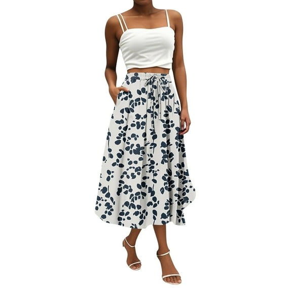 WTOBBY Boho Floral Pocket Skirt Women's Solid Color High Waist Long Skirt Casual Summer Beach Skirt with Elastic Waist Drawstring Tiered Flowy Skirt for Vacation,Sky Blue S
