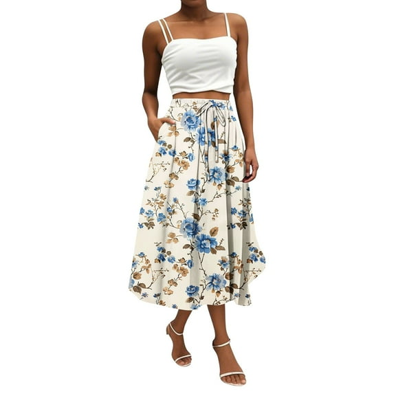 WTOBBY Boho Floral Pocket Skirt Women's Solid Color High Waist Long Skirt Casual Summer Beach Skirt with Elastic Waist Drawstring Tiered Flowy Skirt for Vacation,Light Blue S