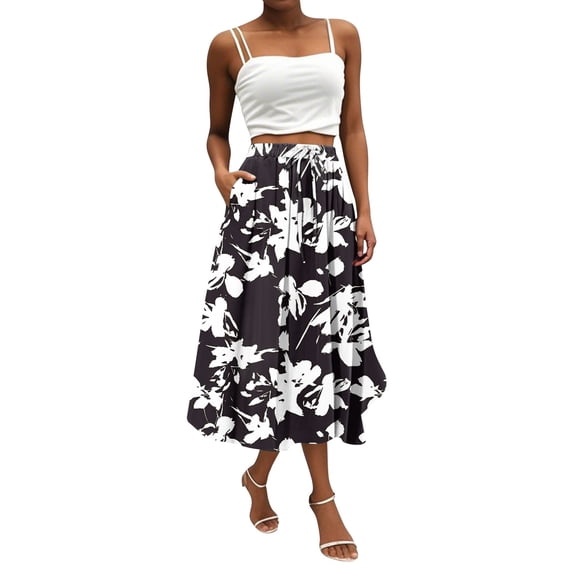 WTOBBY Boho Floral Pocket Skirt Women's Solid Color High Waist Long Skirt Casual Summer Beach Skirt with Elastic Waist Drawstring Tiered Flowy Skirt for Vacation,Black S