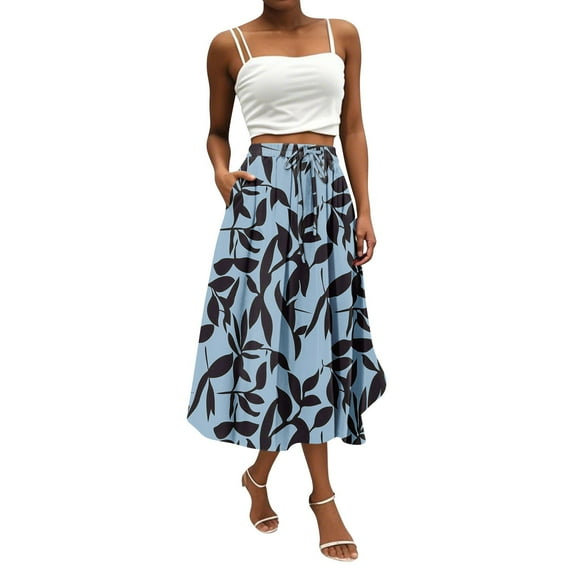 WTOBBY Boho Floral Pocket Skirt Women's Solid Color High Waist Long Skirt Casual Summer Beach Skirt with Elastic Waist Drawstring Tiered Flowy Skirt for Vacation,Royal Blue S