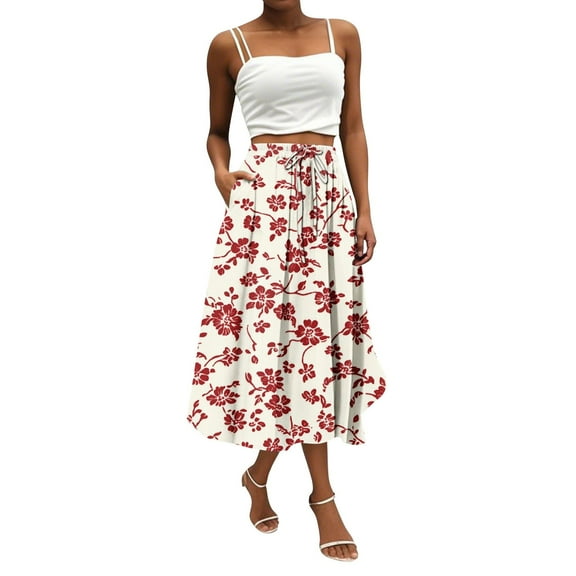 WTOBBY Boho Floral Pocket Skirt Women's Solid Color High Waist Long Skirt Casual Summer Beach Skirt with Elastic Waist Drawstring Tiered Flowy Skirt for Vacation,Watermelon Red S