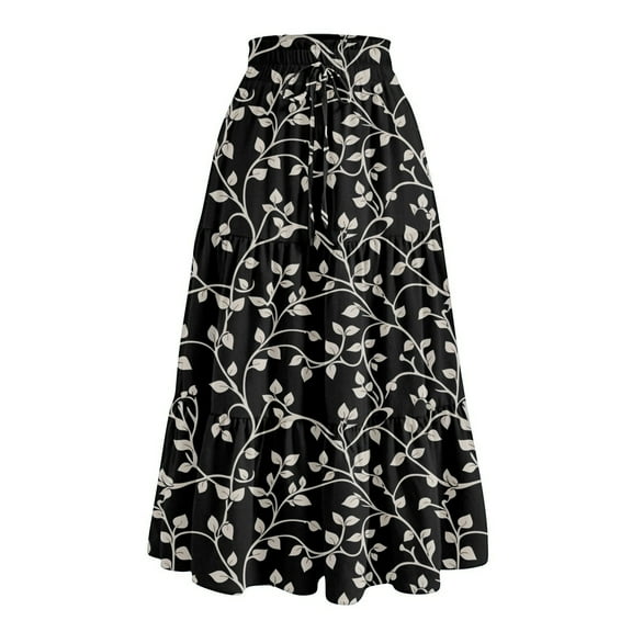 WTOBBY Boho Floral Print Drawstring Skirt Women's Elastic Waist Maxi Skirt Casual Summer Beach Skirt Flowy Tiered Long Skirt with Waist Tie and Pocket Detail,Black L