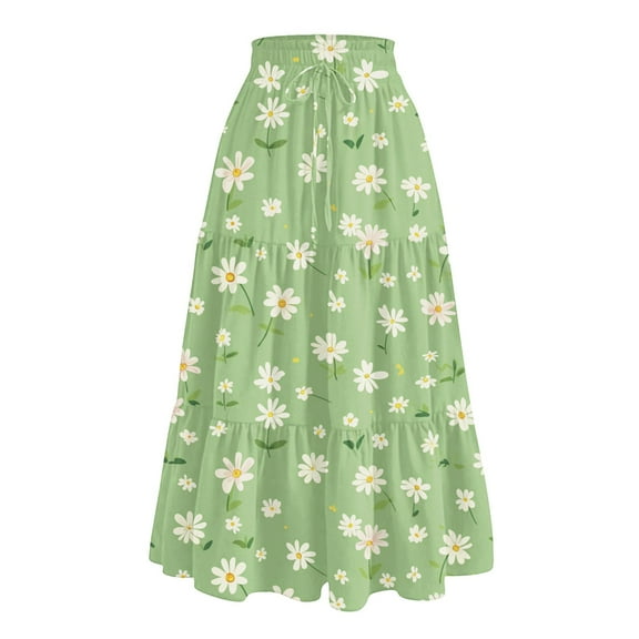 WTOBBY Boho Floral Print Drawstring Skirt Women's Elastic Waist Maxi Skirt Casual Summer Beach Skirt Flowy Tiered Long Skirt with Waist Tie and Pocket Detail,Light Green S