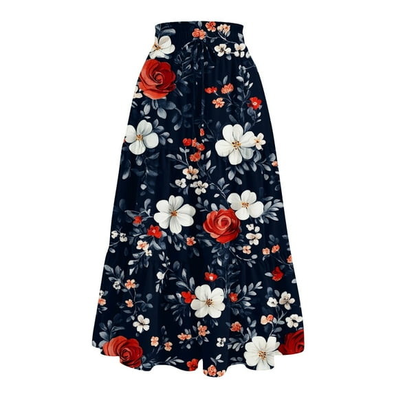 WTOBBY Boho Floral Print Drawstring Skirt Women's Elastic Waist Maxi Skirt Casual Summer Beach Skirt Flowy Tiered Long Skirt with Waist Tie and Pocket Detail,Dark Blue L