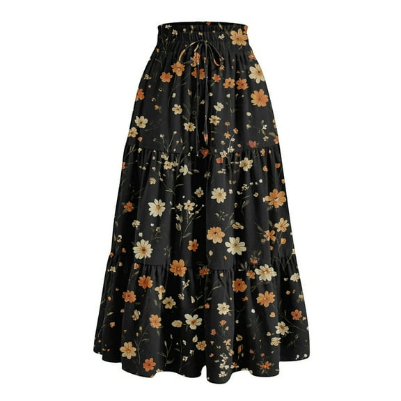 WTOBBY Boho Floral Print Drawstring Skirt Women's Elastic Waist Maxi Skirt Casual Summer Beach Skirt Flowy Tiered Long Skirt with Waist Tie and Pocket Detail,Orange S