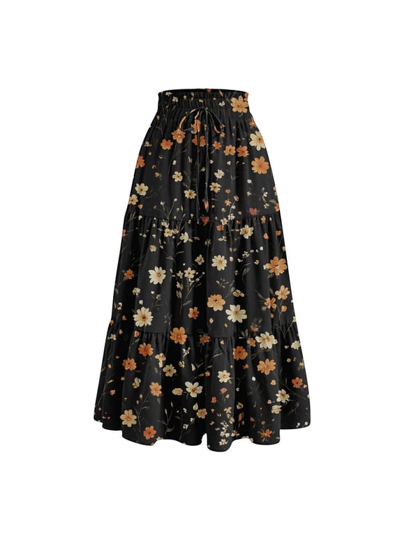 Boho Floral Print Drawstring Skirt Women's Elastic Waist Maxi Skirt Casual Summer Beach Skirt Flowy Tiered Long Skirt with Waist Tie and Pocket Detail,Orange XL