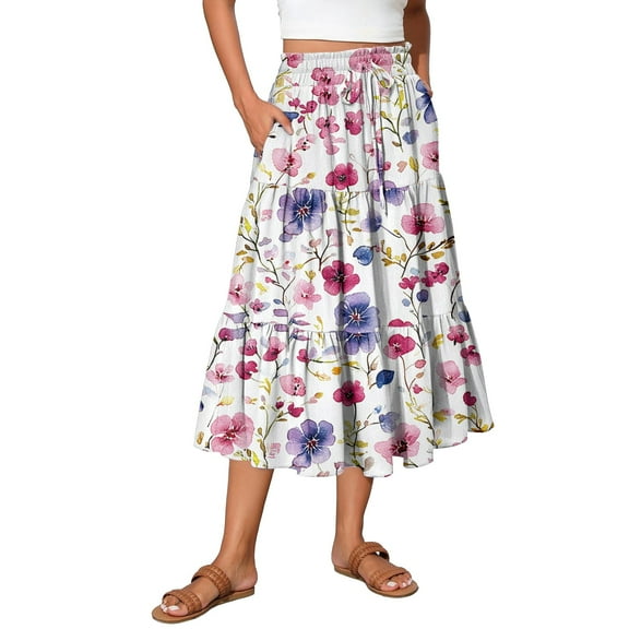 WTOBBY Boho Floral Summer Maxi Skirt Women's Drawstring High Waisted Long Skirt Lightweight Beach Vacation Skirt Tiered Flowy Pleated Skirt with Elastic Waist,Pink S