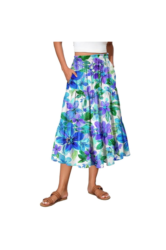 Boho Floral Summer Maxi Skirt Women's Drawstring High Waisted Long Skirt Lightweight Beach Vacation Skirt Tiered Flowy Pleated Skirt with Elastic Waist,Royal Blue S