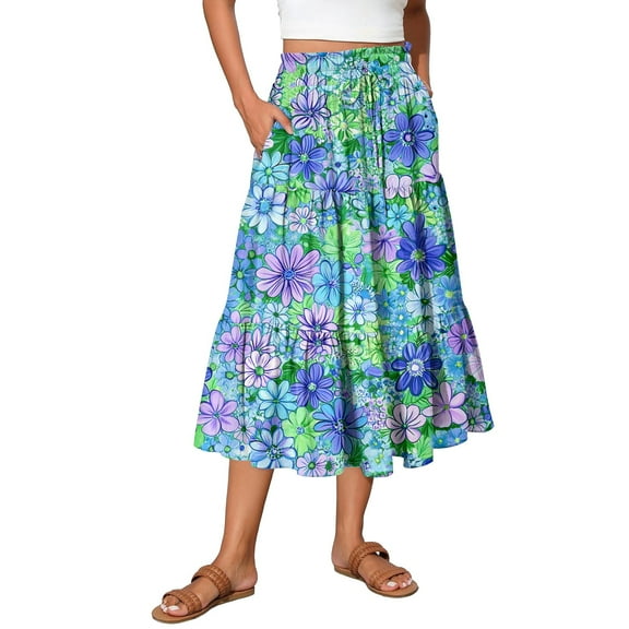 WTOBBY Boho Floral Summer Maxi Skirt Women's Drawstring High Waisted Long Skirt Lightweight Beach Vacation Skirt Tiered Flowy Pleated Skirt with Elastic Waist,Light Blue XL