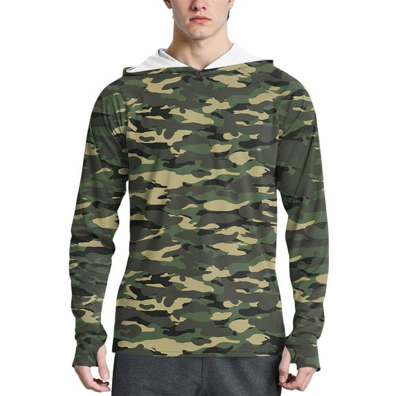 WTOBBY Camouflage Print Sun Protective Hoodie for Men, Long Sleeve SPF/UV Shirt with Lightweight Fabric, Ideal for Summer Sports and Casual Outdoor Wear ,Green L