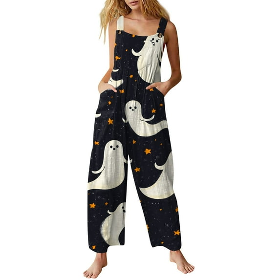 WTOBBY Casual Sleeveless Jumpsuit for Women in Cotton, Halloween Print Design for Stylish Outfits, Lightweight and Comfortable for All-Day Wear,BlackL