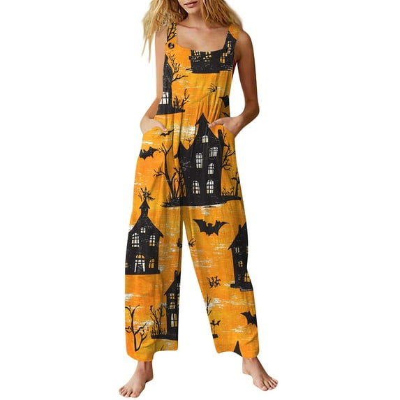 WTOBBY Casual Sleeveless Jumpsuit for Women in Cotton, Halloween Print Design for Stylish Outfits, Lightweight and Comfortable for All-Day Wear,OrangeL