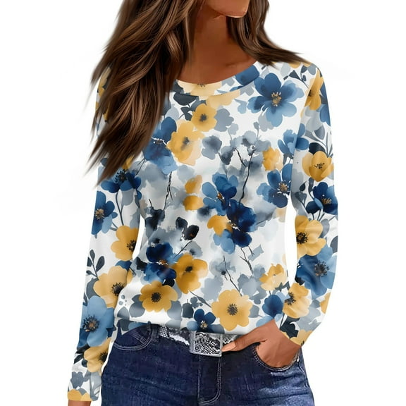 WTOBBY Casual Women's Floral Print Loose Long Sleeve Hem Slit Round Neck T-shirt Top Comfort Fit Lightweight Fabric Versatile Wear Fashion Styling Breathable Material Daily Use,Blue M