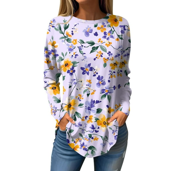 WTOBBY Casual Women's Flower Print Long Sleeve T-shirt Top with Loose Round Neck Pullover Style Lightweight and Stretch Fabric Perfect for Comfortable Daily Outfit,Light Purple S