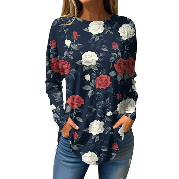 WTOBBY Casual Women's Flower Print Long Sleeve T-shirt Top with Loose Round Neck Pullover Style Lightweight and Stretch Fabric Perfect for Comfortable Daily Outfit,Dark Blue L
