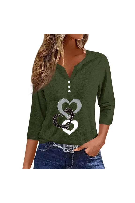 Casual Women's V-Neck T-Shirt Featuring 3/4 Sleeve, Printed Design, and Decorative Button, Perfect for Daily Wear, Spring Fall Transitions, Weekend Activities, and Office Casual,Green XL