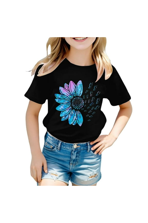 Children's Floral Print Casual T-Shirt Top with Short Sleeve Round Neck - Fashionable for Kids, Ideal for Playtime and Summer Outings,Black 160