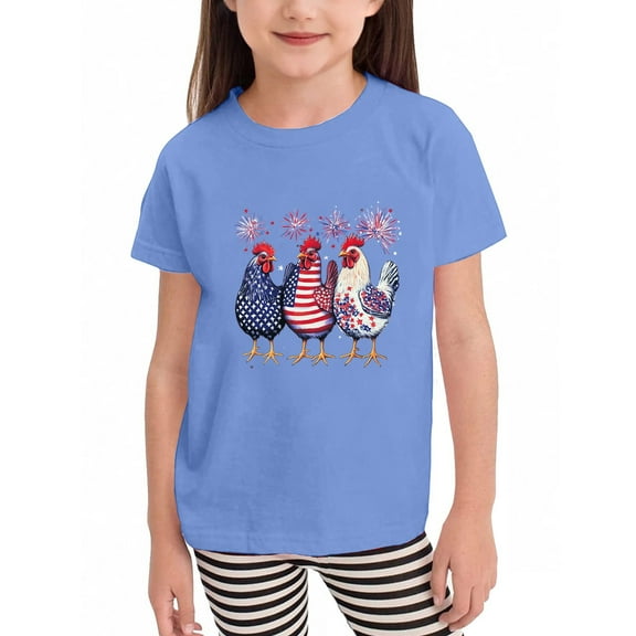 WTOBBY Children's Independence Day Small Print Short Sleeve T-Shirt Top for Girls - Casual Round Neck Shirt, Ideal for July 4th,Light Blue 110