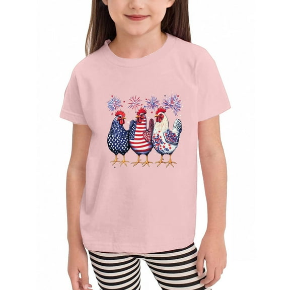 WTOBBY Children's Independence Day Small Print Short Sleeve T-Shirt Top for Girls - Casual Round Neck Shirt, Ideal for July 4th,Pink 150