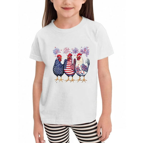 WTOBBY Children's Independence Day Small Print Short Sleeve T-Shirt Top for Girls - Casual Round Neck Shirt, Ideal for July 4th,White 150