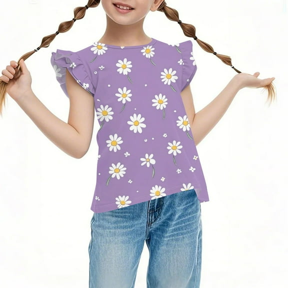 WTOBBY Children's Solid Color Pleated Short Sleeve Casual Top with Round Neck and Cute Print - Ideal for Girls and Boys, Summer Fun,Light Purple 110