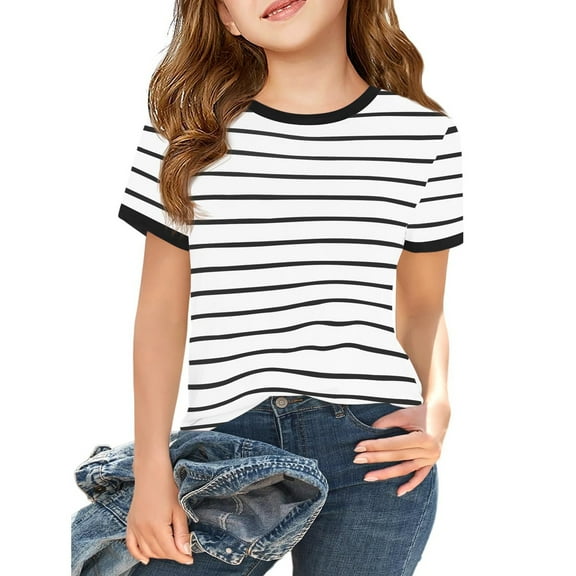 WTOBBY Children's Striped Raglan Tee with Short Sleeve Round Neck Design - Casual Girls T-Shirt Top for Toddlers, Ideal for Daily Activities and School Wear,Black 110
