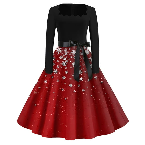 WTOBBY Christmas Print Flare Dress for Women Long Sleeve Square Collar Retro Party Casual Dress with Snowflake and Christmas Tree Pattern Design,Vermilion 2XL