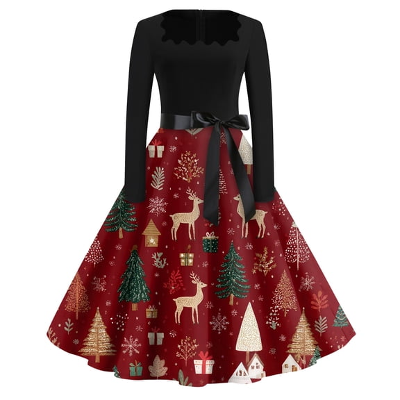 WTOBBY Christmas Print Flare Dress for Women Long Sleeve Square Collar Retro Party Casual Dress with Snowflake and Christmas Tree Pattern Design,Wine M