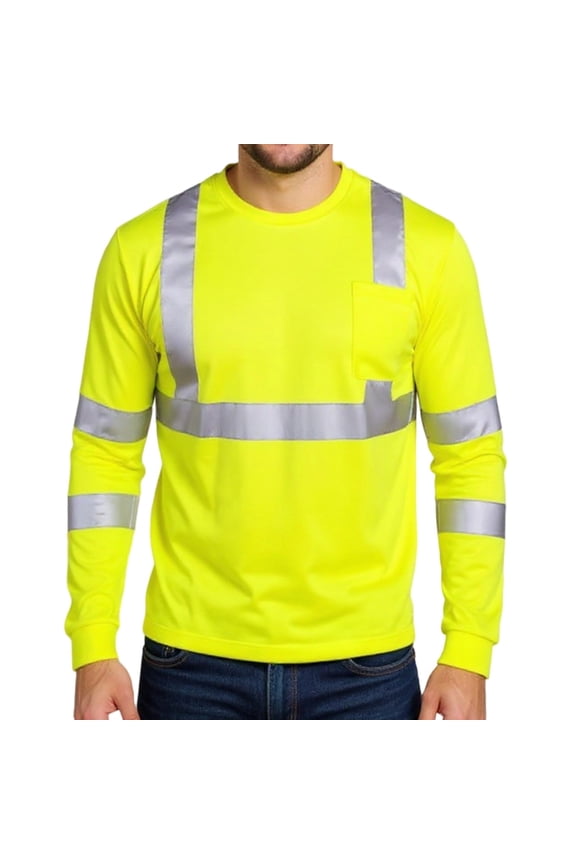 Construction Workwear Reflective Strip Long Sleeve T-Shirt Top, High Visibility Safety Shirt with Comfort Fit for On-Site Wear,Fluorescence Yellow L