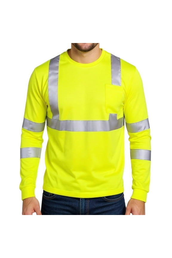 Construction Workwear Reflective Strip Long Sleeve T-Shirt Top, High Visibility Safety Shirt with Comfort Fit for On-Site Wear,Fluorescence Yellow M