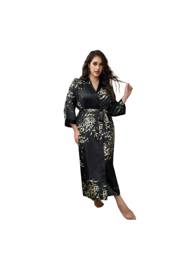 Curvy Robe for Women Plus Size 3X-6X Flowy Long Sleeve Belted Kimono Soft Loungewear Sexy Cover Up Comfy Home Nightwear,Black 3XL