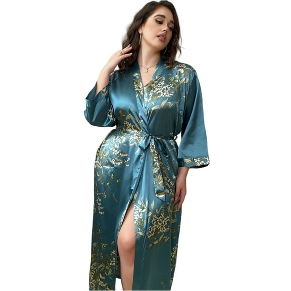 WTOBBY Curvy Robe for Women Plus Size 3X-6X Flowy Long Sleeve Belted Kimono Soft Loungewear Sexy Cover Up Comfy Home Nightwear,Multicolor 5XL