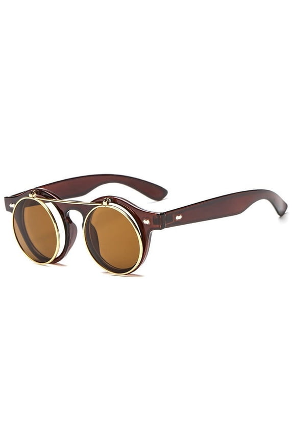 Double Layer Flip-Up Round Sunglasses, Punk Steampunk Vintage Eyewear, Convertible Goggles with Mirrored Lenses for Outdoor Style,G