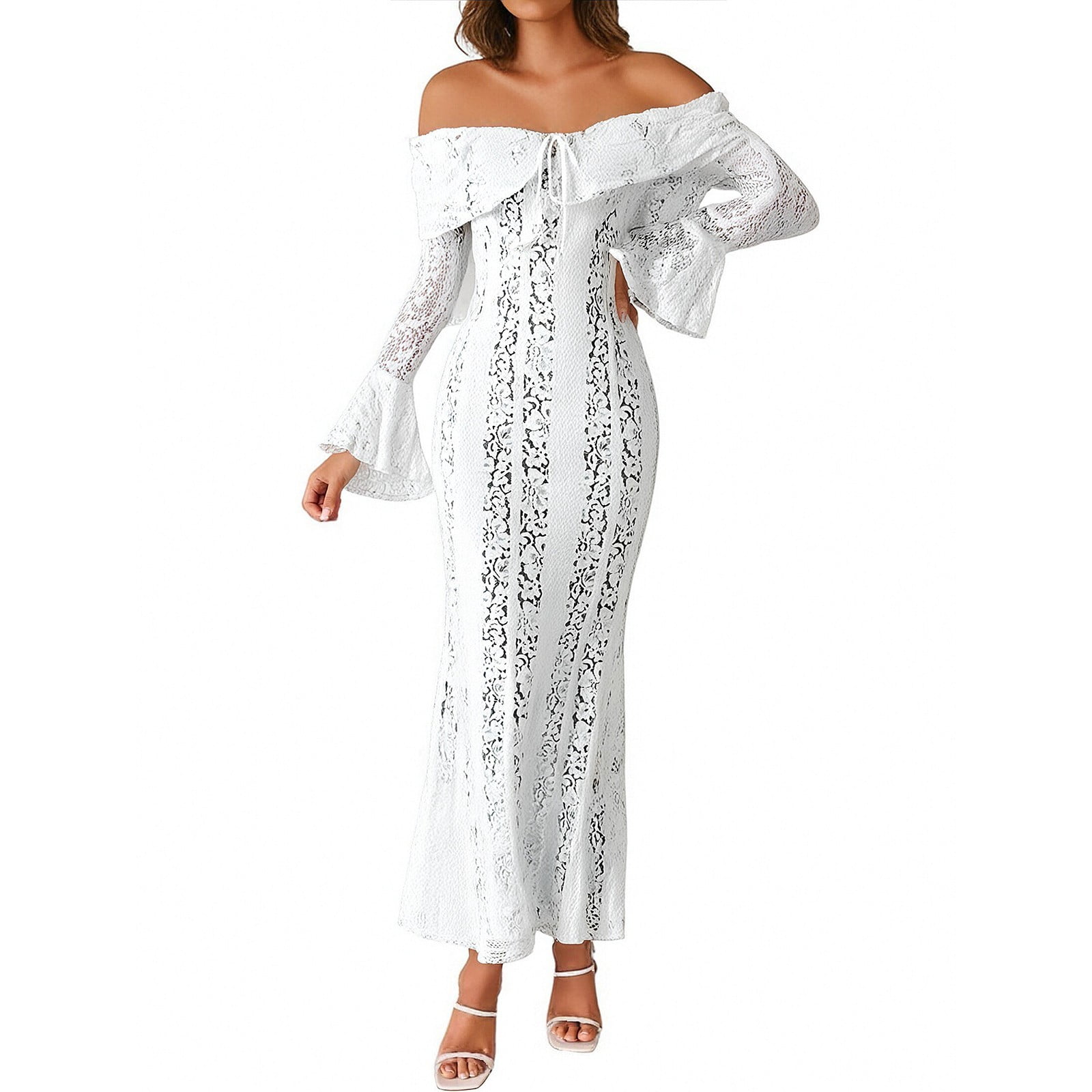 Women's Off Shoulder Lace Maxi Dress - White Long Sleeve Evening Gown For Party & Date Night - View #2