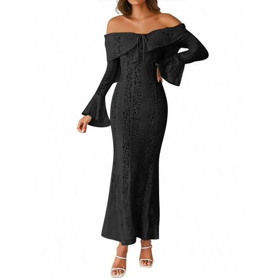 WTOBBY Elegant Off Shoulder Lace Maxi Dress for Women with Long Sleeves Perfect Evening Party Gown for Date Nights and Formal Events Unlined Design for Breathable Comfort,Black L