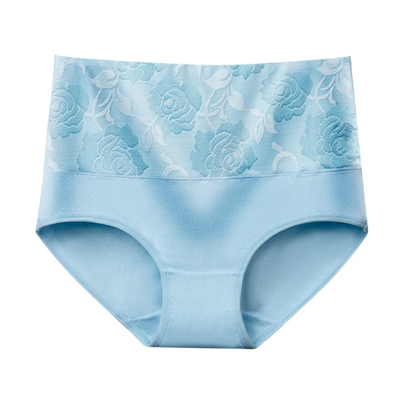 WTOBBY Embroidered High-Waist Shaping Panty for Women, Tummy Tuck Underwear with Lace Accent, Breathable Cotton Blend, Hip Lifting Design, Everyday Comfort Fit Briefs ,Sky Blue 3XL