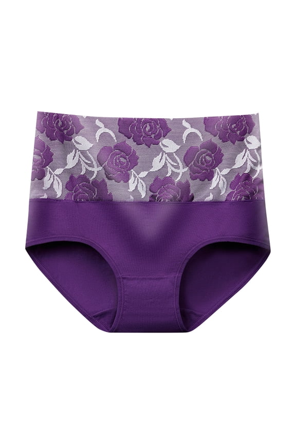 Embroidered High-Waist Shaping Panty for Women, Tummy Tuck Underwear with Lace Accent, Breathable Cotton Blend, Hip Lifting Design, Everyday Comfort Fit Briefs ,Dark Purple M