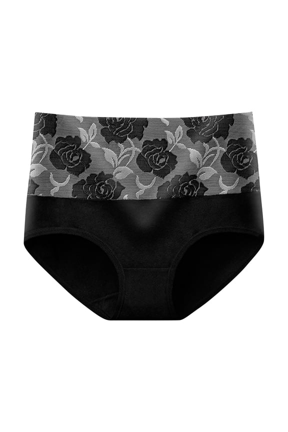 Embroidered High-Waist Shaping Panty for Women, Tummy Tuck Underwear with Lace Accent, Breathable Cotton Blend, Hip Lifting Design, Everyday Comfort Fit Briefs ,Black M
