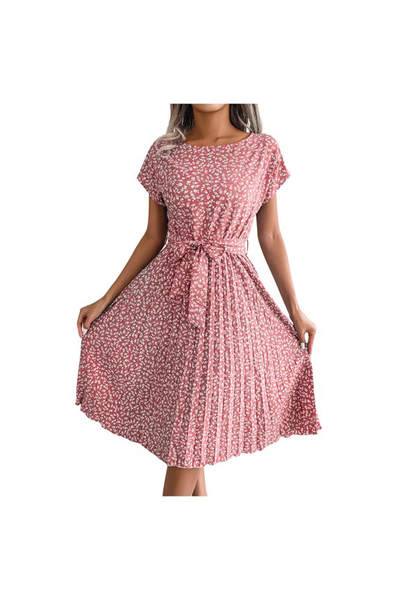 Fashion Women's Summer Round Neck Casual Printed Pullover Dress with Floral Pattern and Flowy Skirt for Easy Wear,Pink S