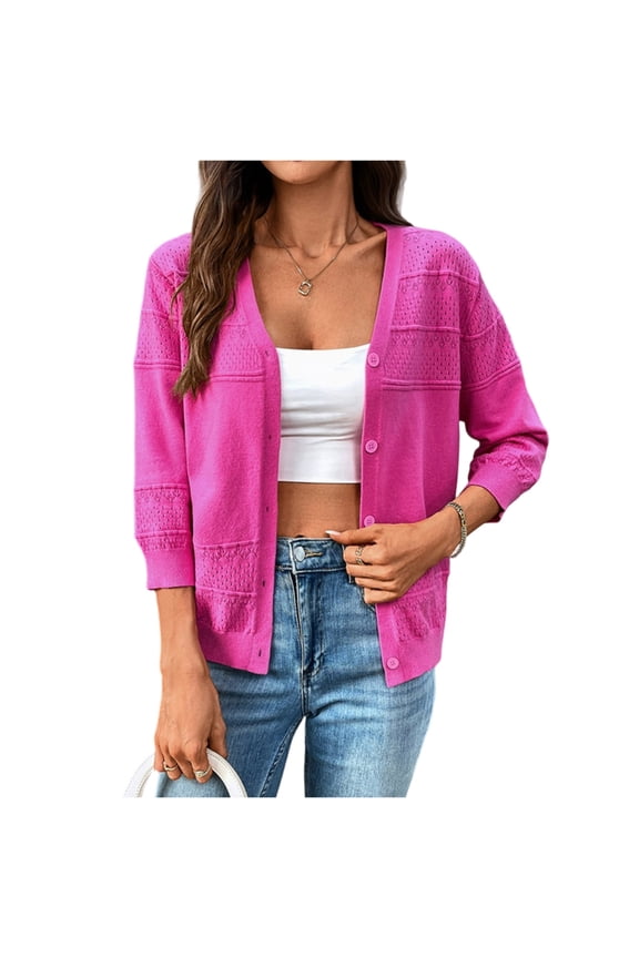 Fashion Women's Thin Shawl Cardigan with 3/4 Sleeves, Hollow Knit V-Neck Open Front Jacket, Lightweight Cover-Up for Evening or Summer, Boho Chic Style,Hot Pink XL